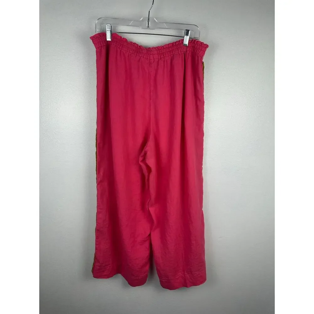 J.Crew hot pink, elastic-waist wide leg pants woven drawstring ribbon Large